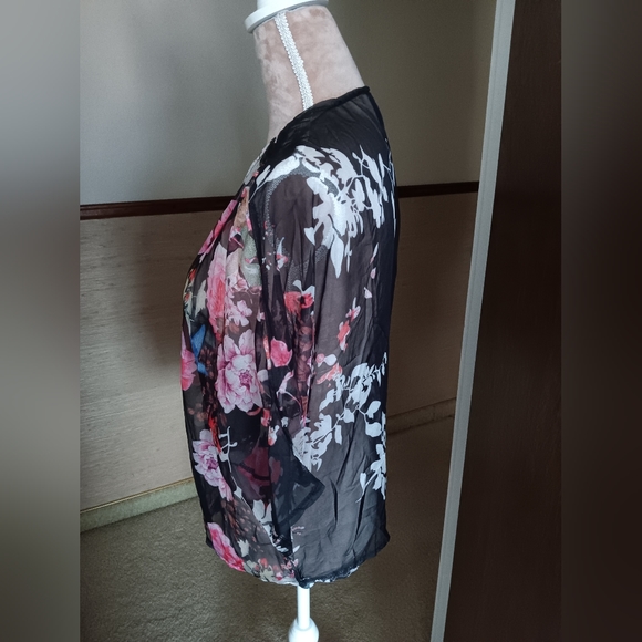 Zanzea ~ Black Pink Sheer Floral Chiffon Kimono – Lightweight Open Front - Picture 10 of 13